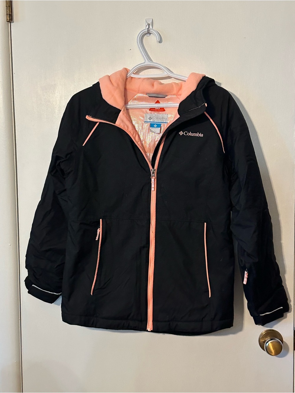 Columbia Girls' Black & coral Hooded winter Jacket - omni heat - large 14/16